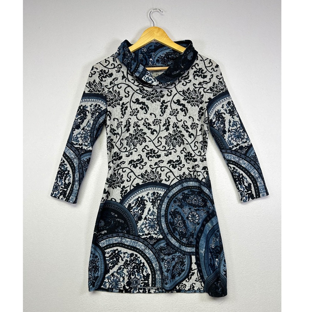 Boho Medallion Print Funsport Womens Small Blue Cowl Neck Long Sleeve Mini Dress